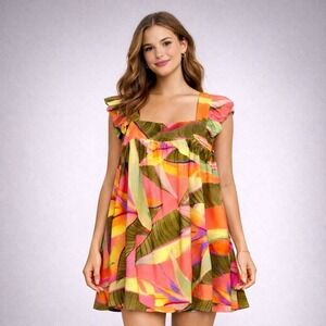 Kourt Womens Dress XL Colorful Tropical Leaf Ruffle Gauze Beachy Casual